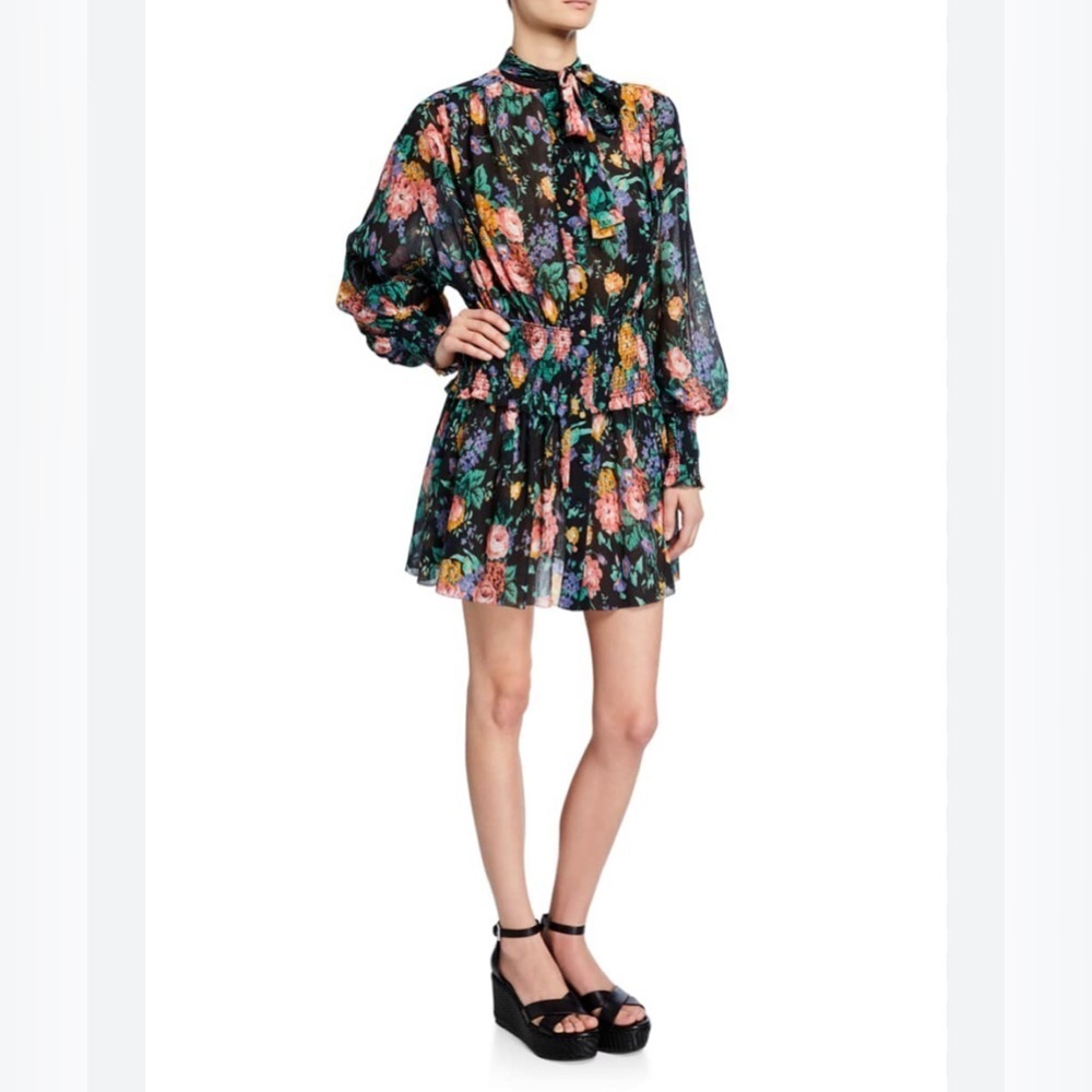 Zimmermann Black Floral Mini Dress with Pink, Green and Orange Accents